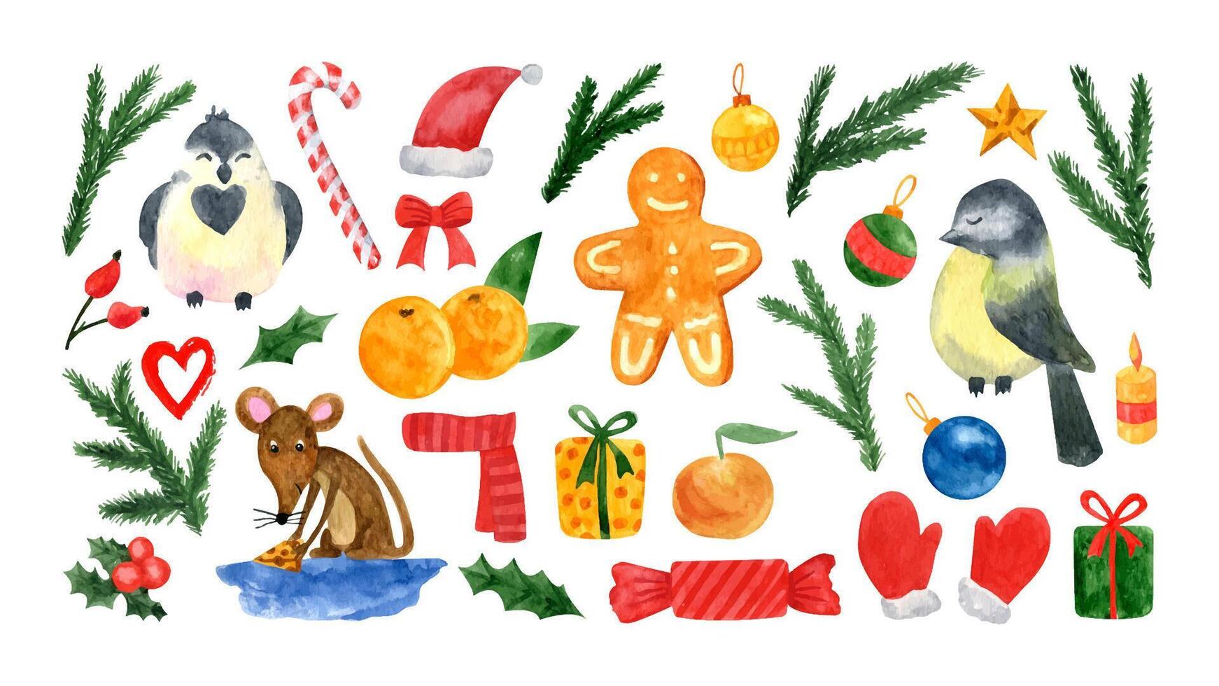 Watercolor New Year set with mouse, birds, gingerbread, clothes tangerines, sweets, Christmas tree vector