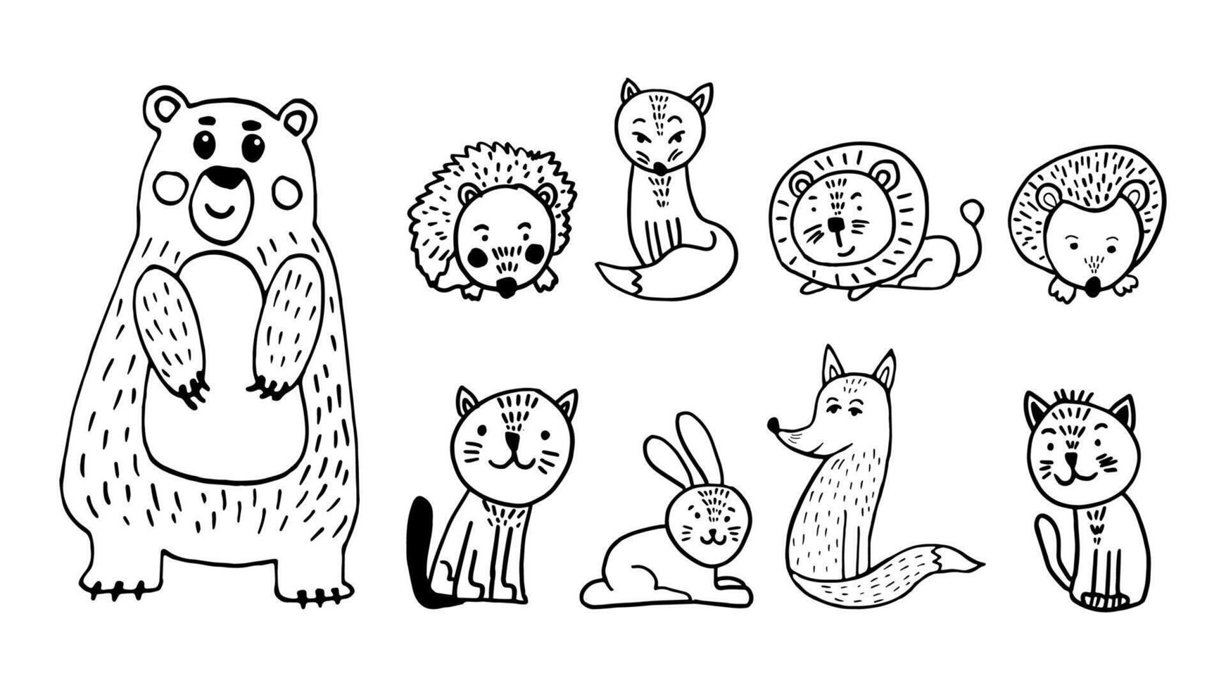 Childish doodle forest animals and cat. Hand drawn illustration for nursery decoration. vector