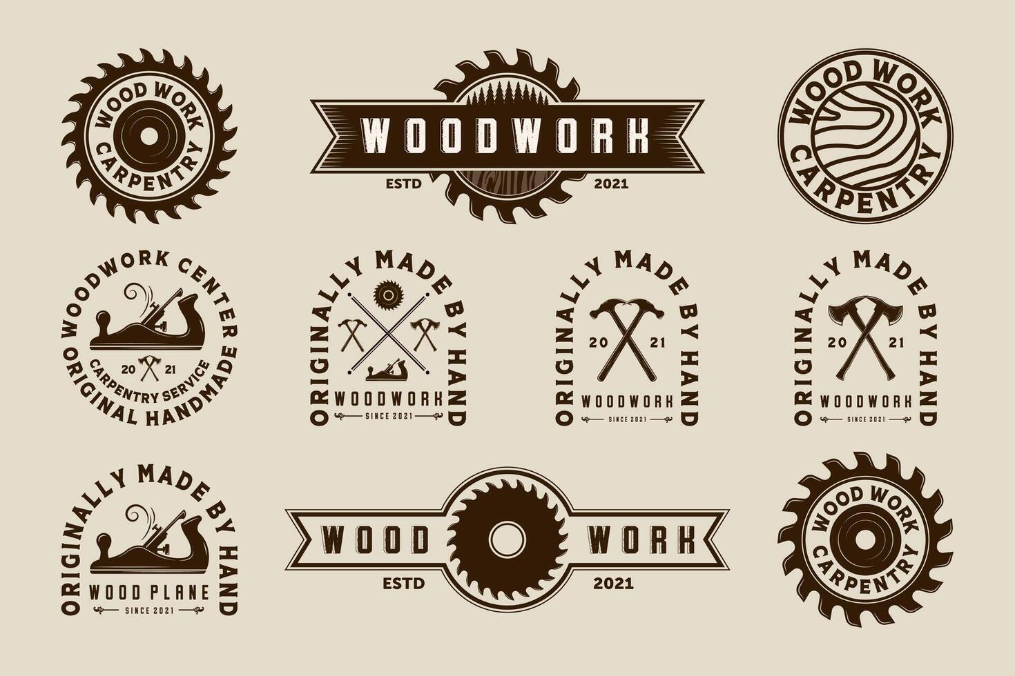 Exclusive Set of Woodwork Illustration Logo Design. Premium Set of Woodwork Logo Template for Wood Master, Sawmill and Carpentry Service. Collection, Bundle or Set Logo of Woodworking Tool vector