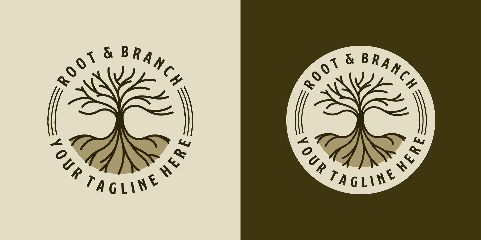 Tree logo badge illustration design. Creative tree logo badge with branch and root on soil element vector