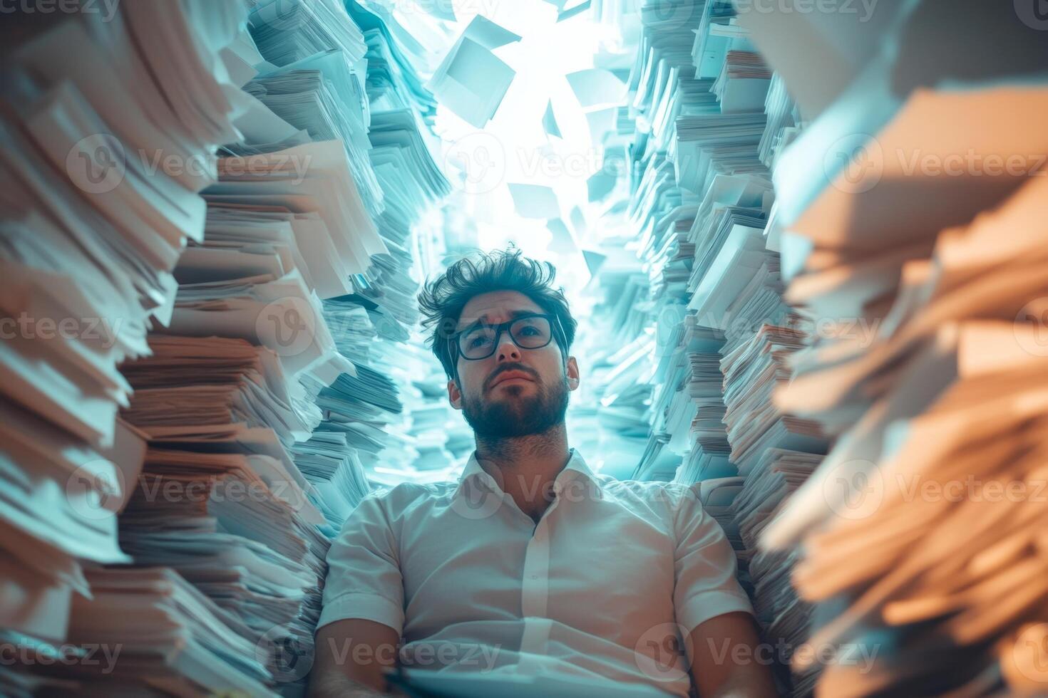 Businessman sitting between huge stacks of paperwork is overwhelmed photo