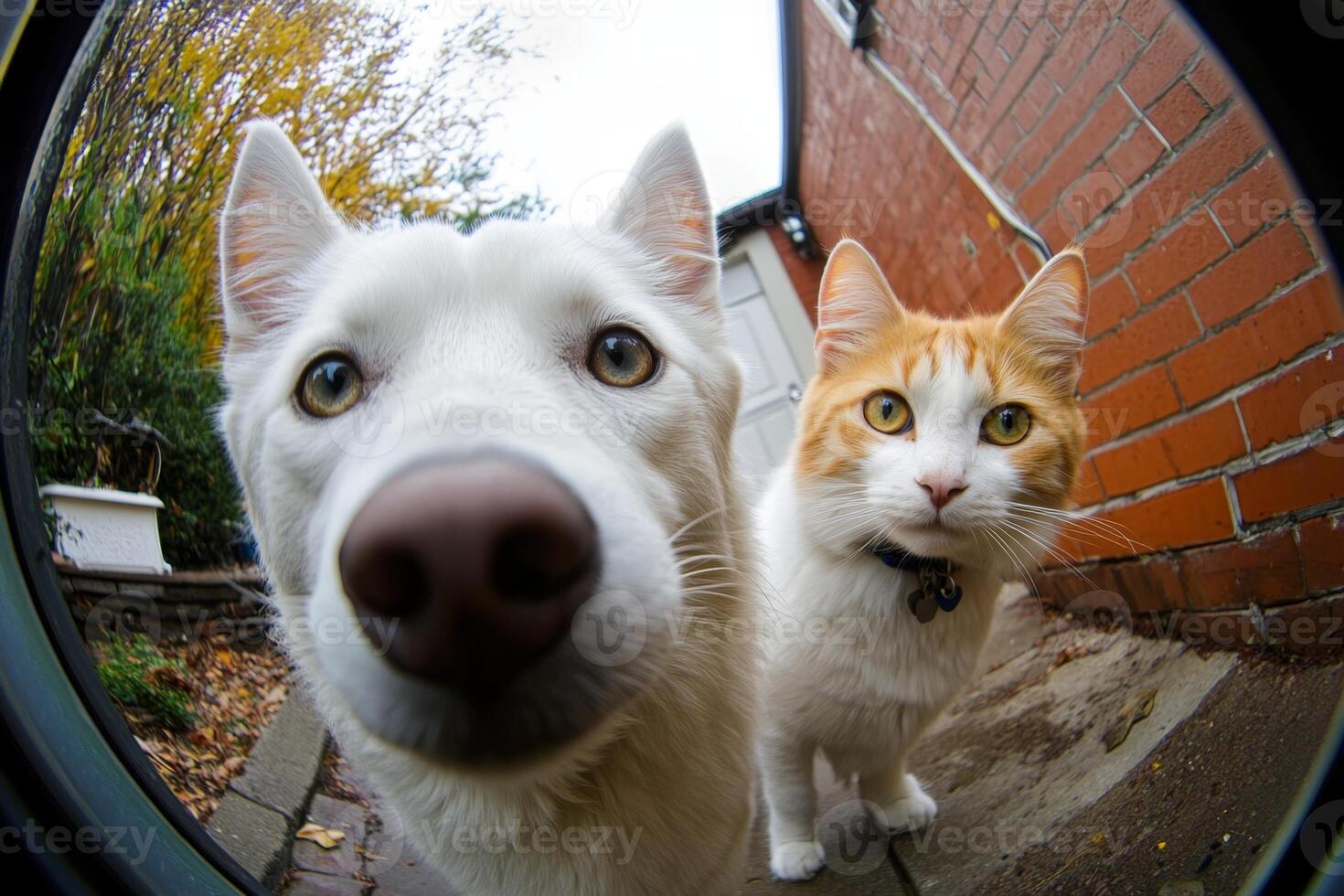 White dog and cat posing for a wide angle portrait photo