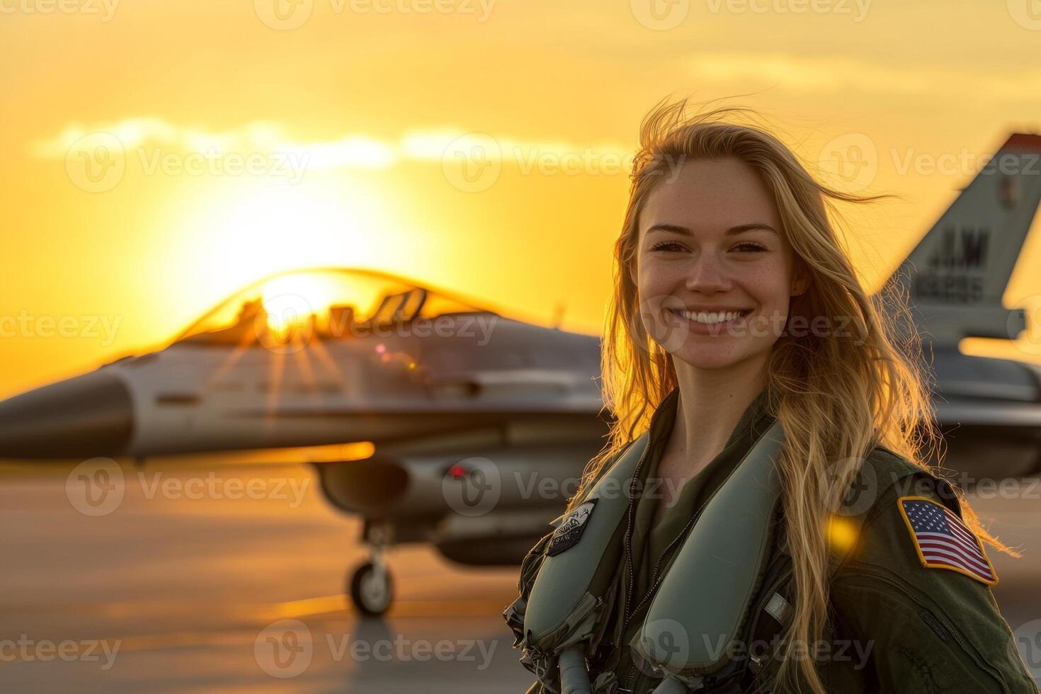 Female fighter pilot is smiling with the sunset in the background photo