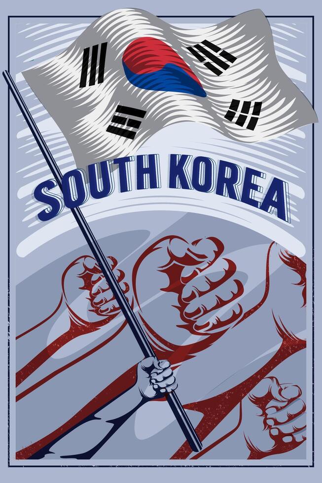 Flag of south korea poster design. Poster illustration of korean flag or Taegukgi in retro style. World nation flag poster design with hand fist illustration vector