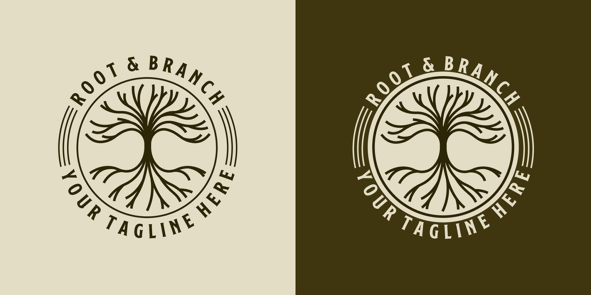 Nature tree modern logo with branch and root element. Line art creative tree logo design in circle badge vector