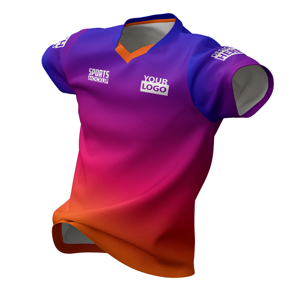 floating jumping pose v neck tshirt jersey mockup front view psd