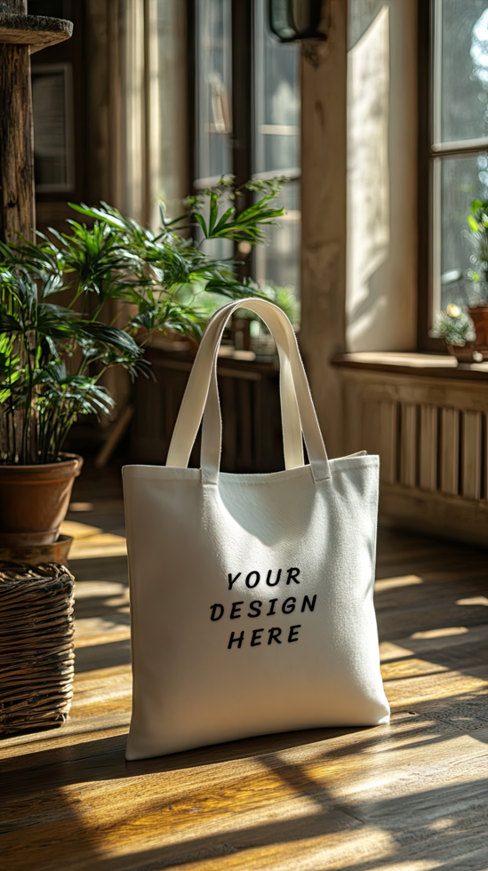 A white canvas tote bag mockup on a wooden floor psd
