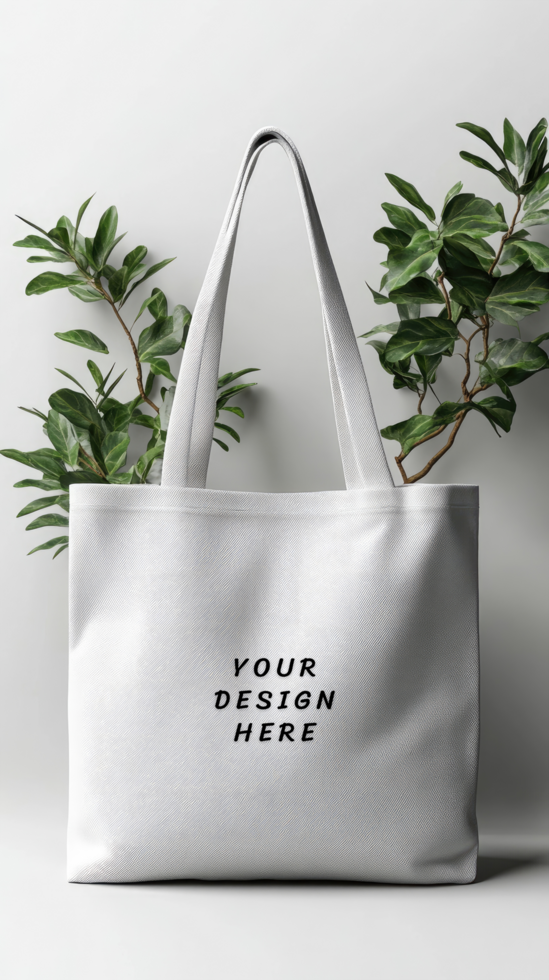 White tote bag mockup with plants psd
