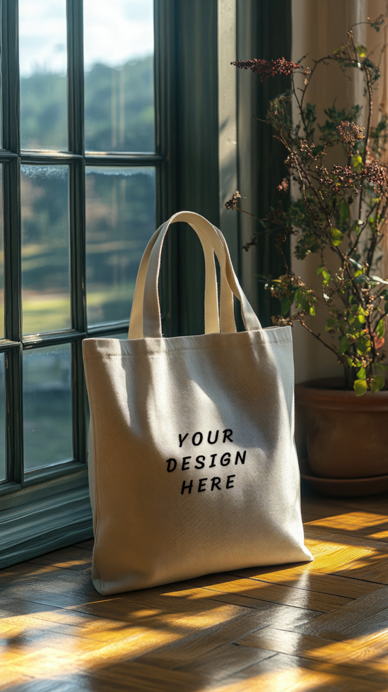 A canvas tote bag mockup on a wooden floor psd