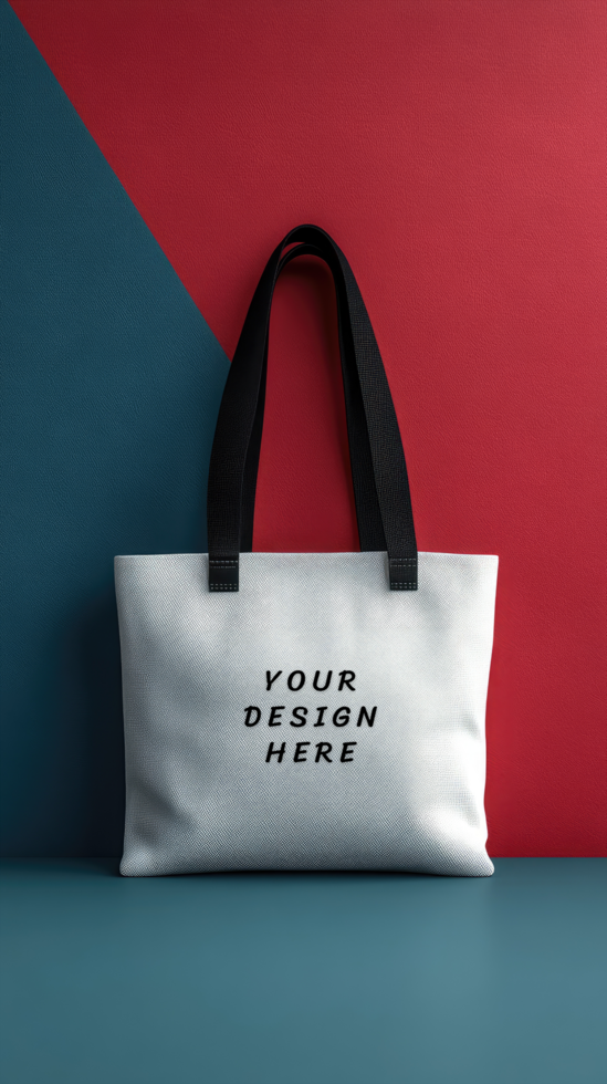 White tote bag mockup on a red and blue background psd