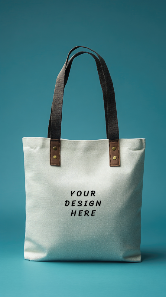 White canvas tote bag mockup on blue background psd