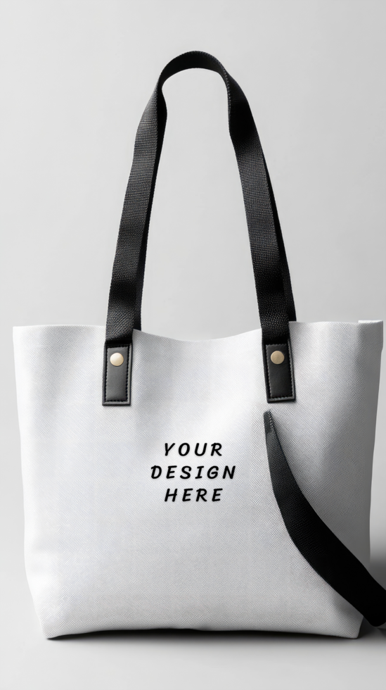 Customized tote bag with black straps on white background psd