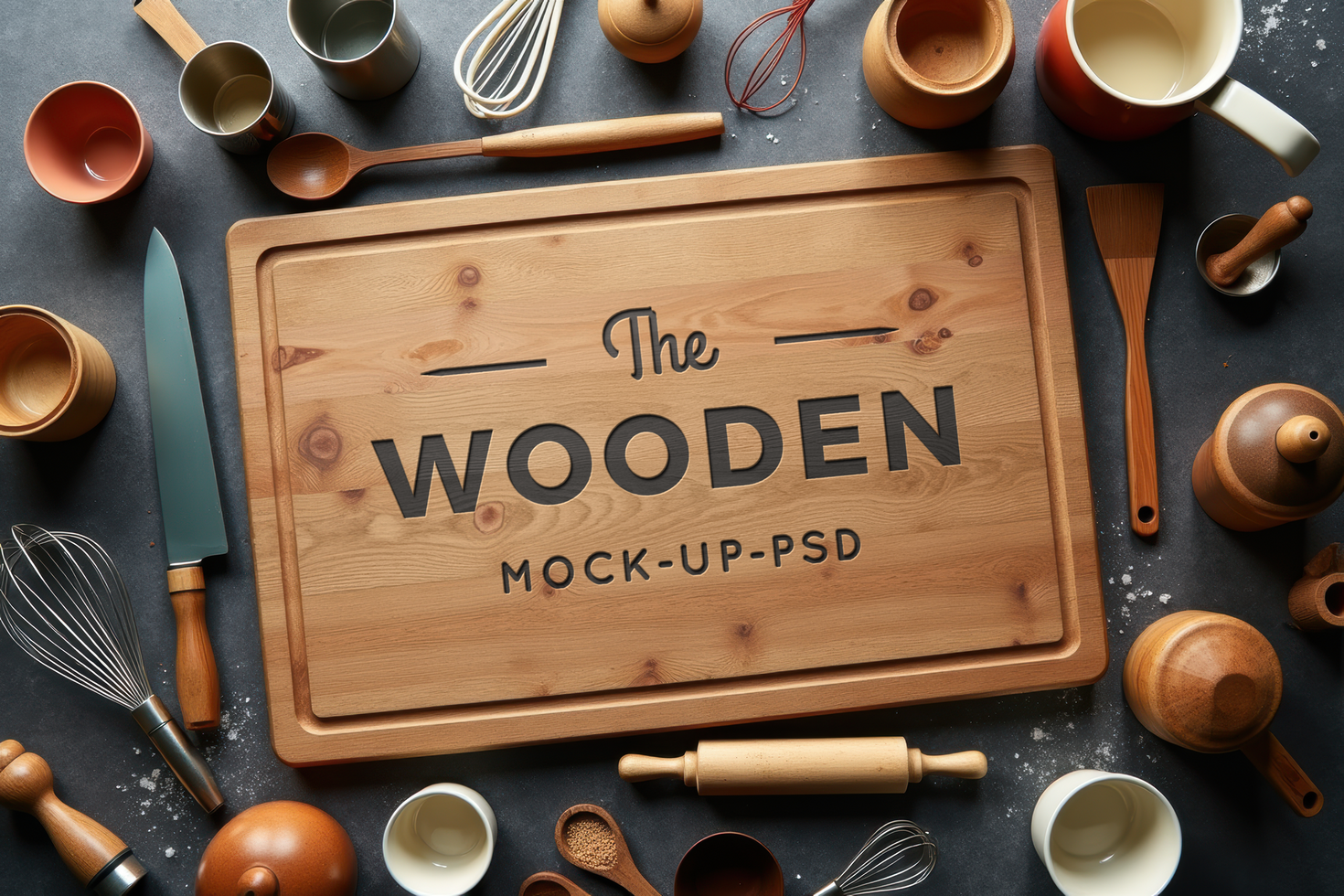 Mockup wooden cutting board with cooking utensils psd