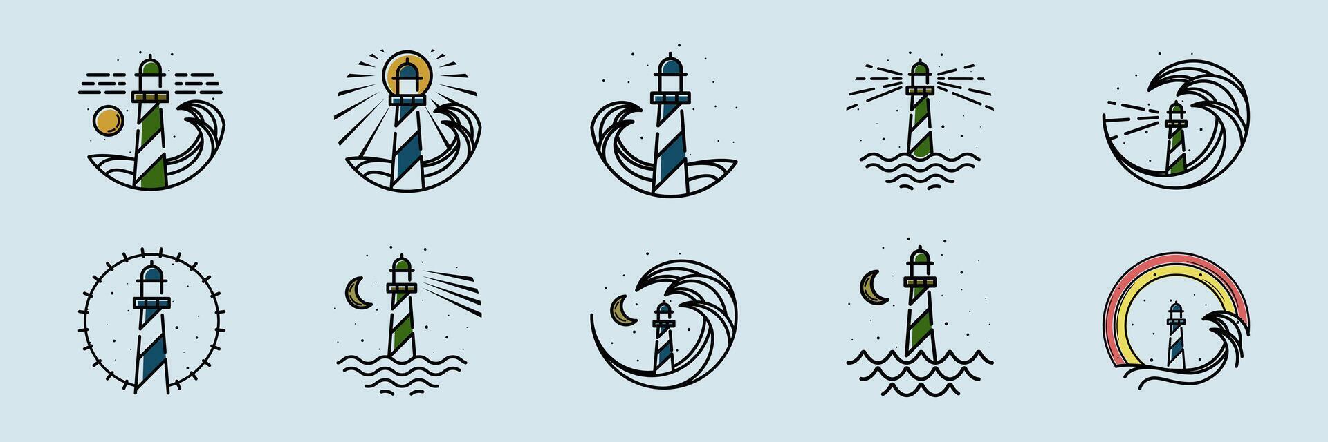 Collection of Lighthouse Illustration Logo Design. Wave and lighthouse icon in set. Ocean, Wave, Night and Lighthouse Logo Concept Inspiration. Modern and Minimalist Nautical Creative Logo vector