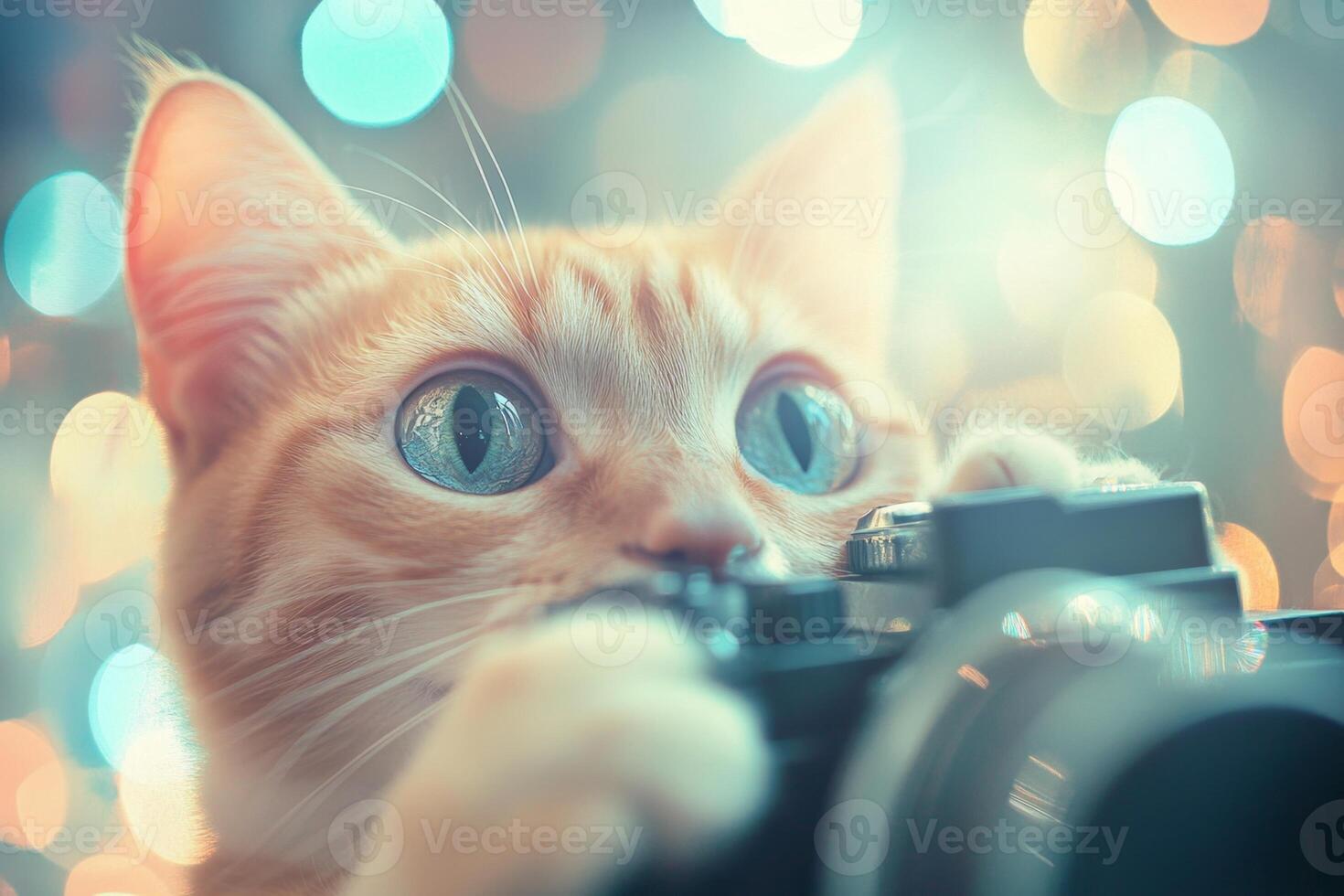 Ginger cat taking pictures with vintage photo camera