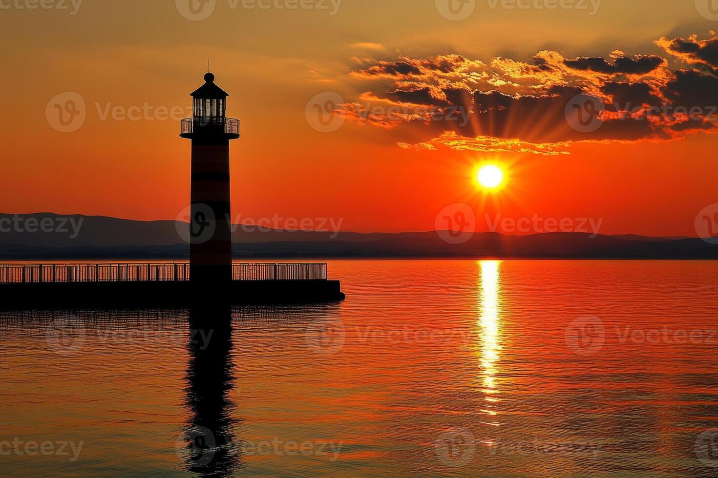 Lighthouse reflecting on calm water at sunset with sunrays photo