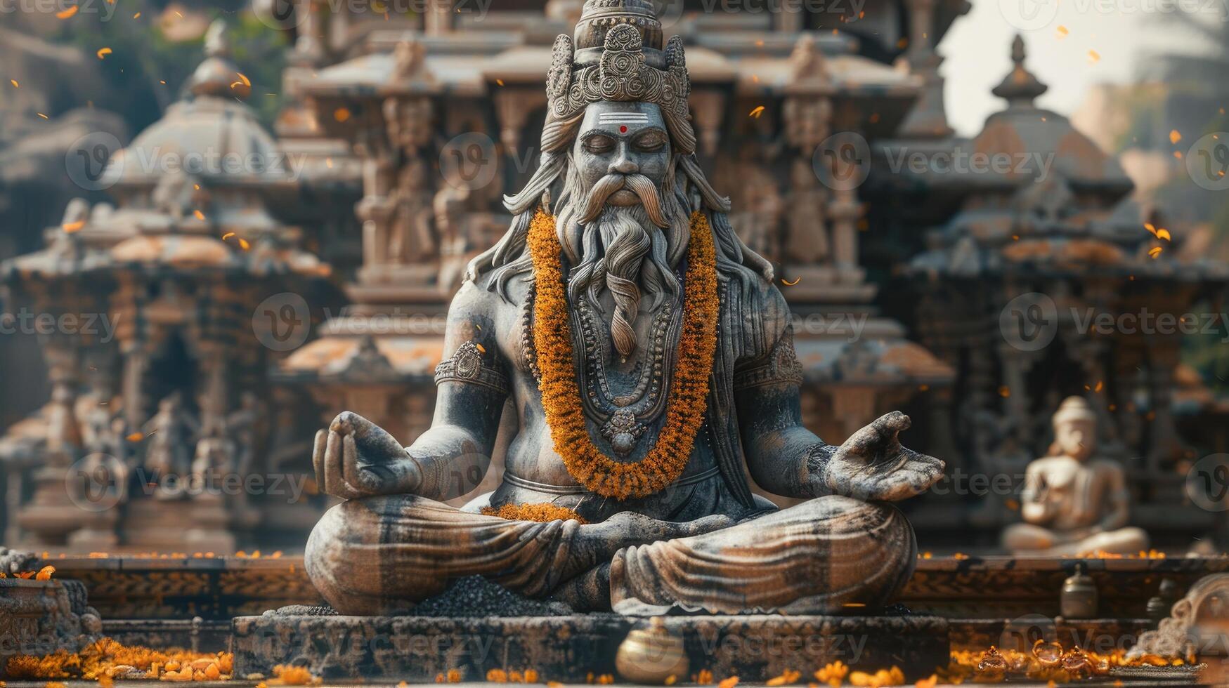 Meditative Indian statue decorated with marigold garland, ancient temple background photo