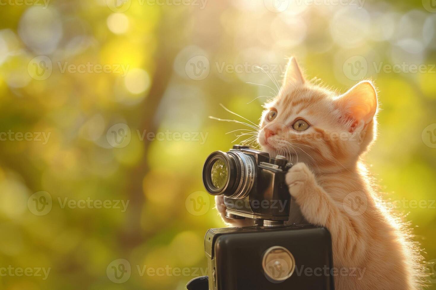 Red kitten holding a vintage camera taking a photo