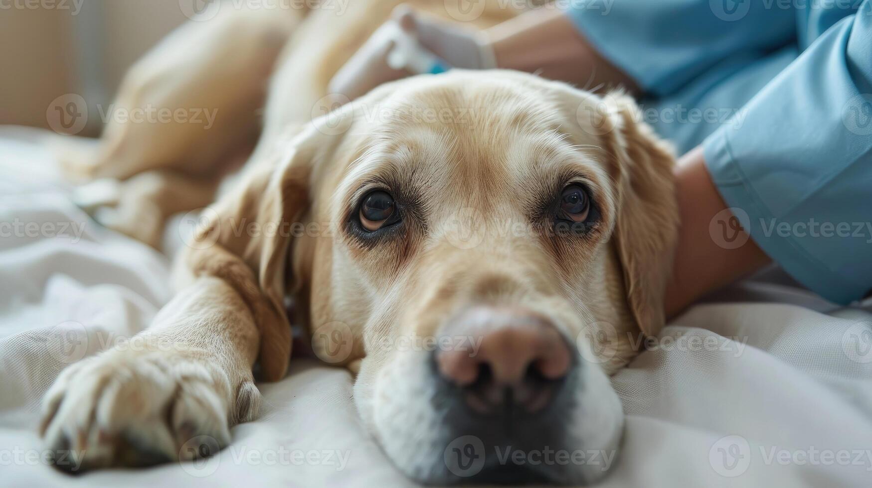 Dog that is currently receiving an injection from the veterinarian photo