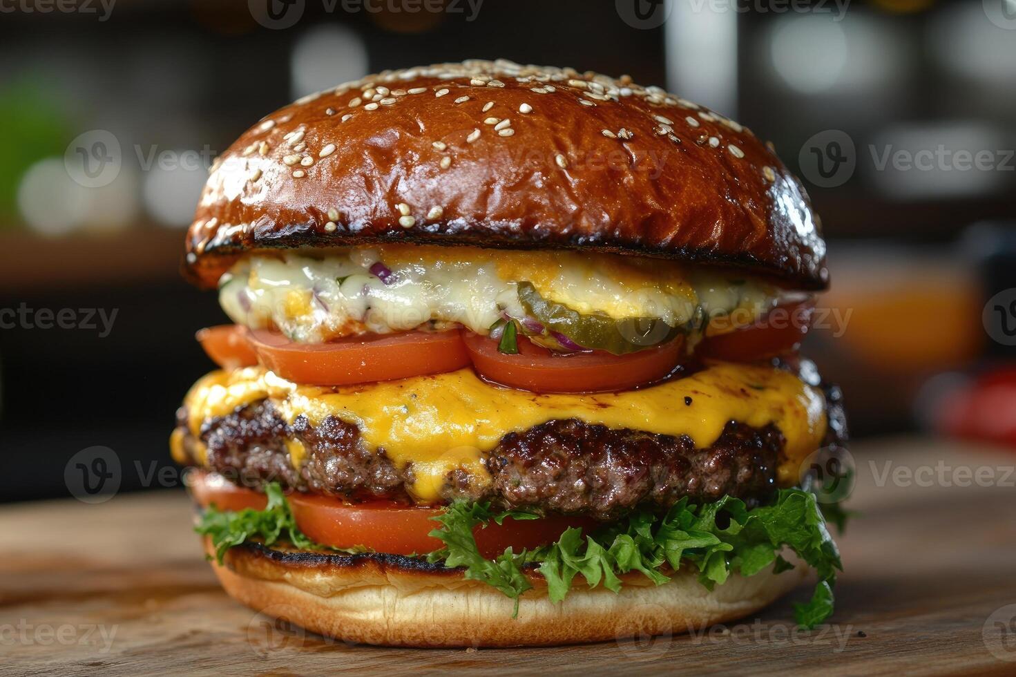 Delicious burger with beef, tomato, cheese and salad on wooden table photo