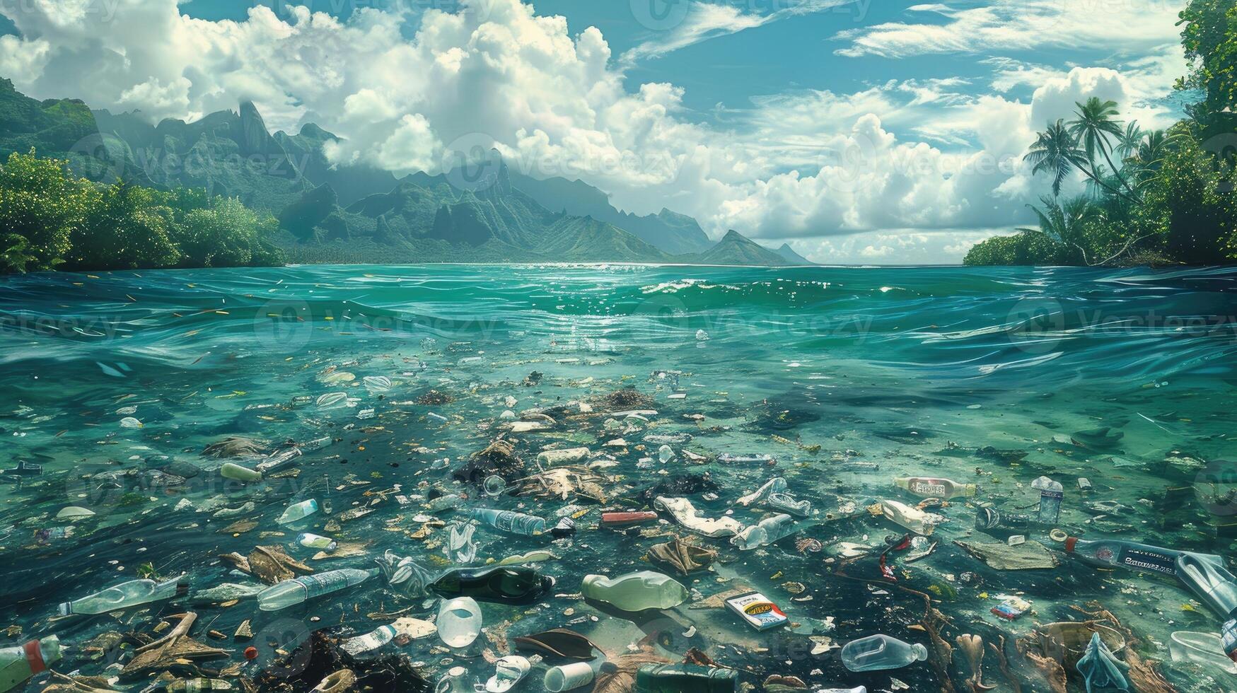The sea is littered with garbage, a composition of a healthy environment photo