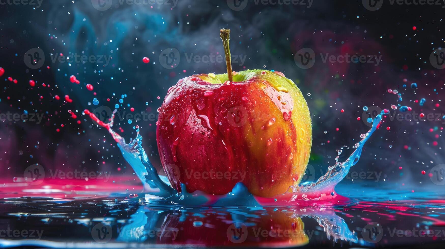 Bright splitting apple with water splash against glowing abstract backdrop photo