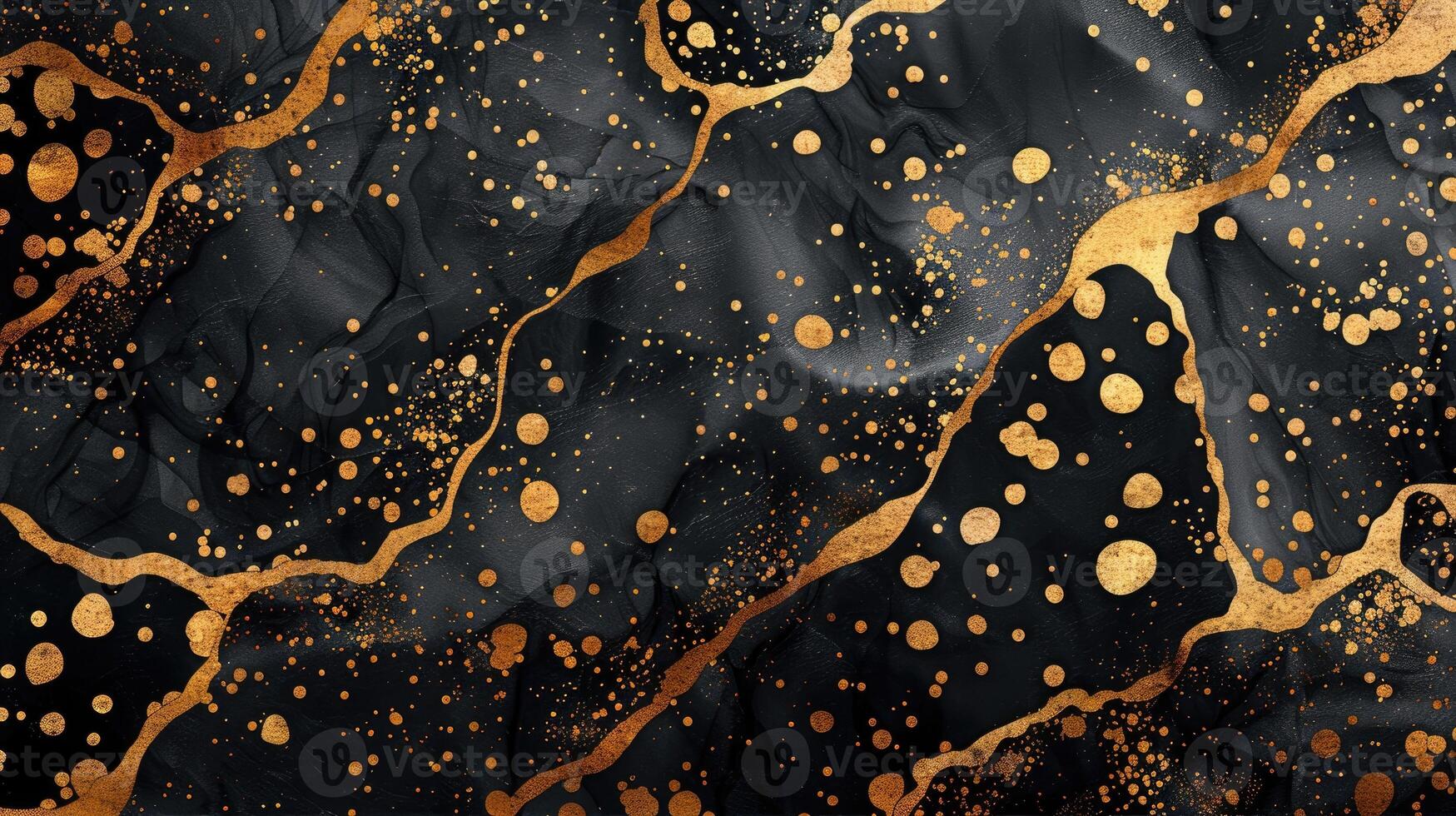 Black and gold abstract art with shimmering dots and marbled patterns photo