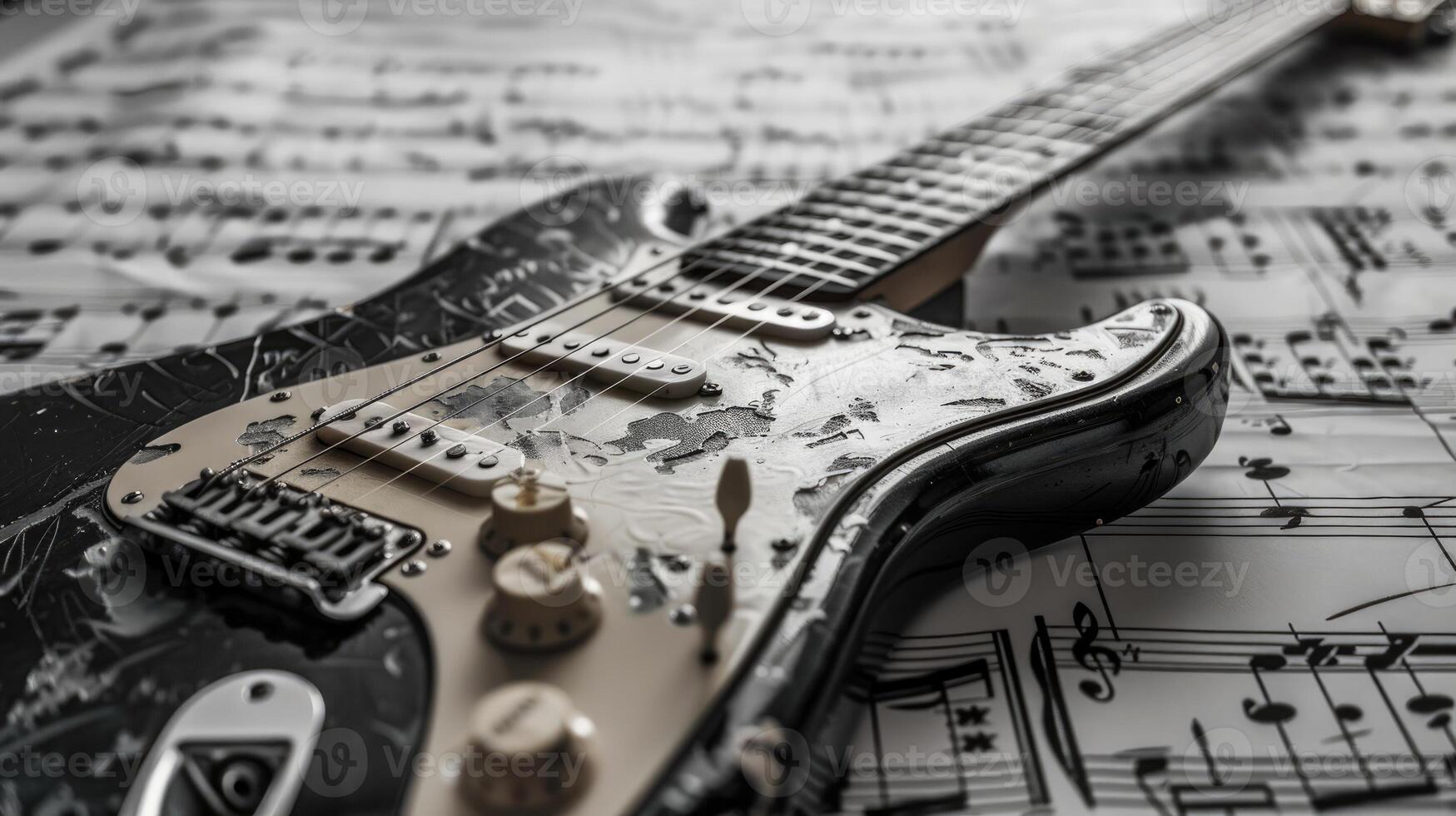 Vintage black electric guitar on musical notes, contrasting an artistic vibe. photo