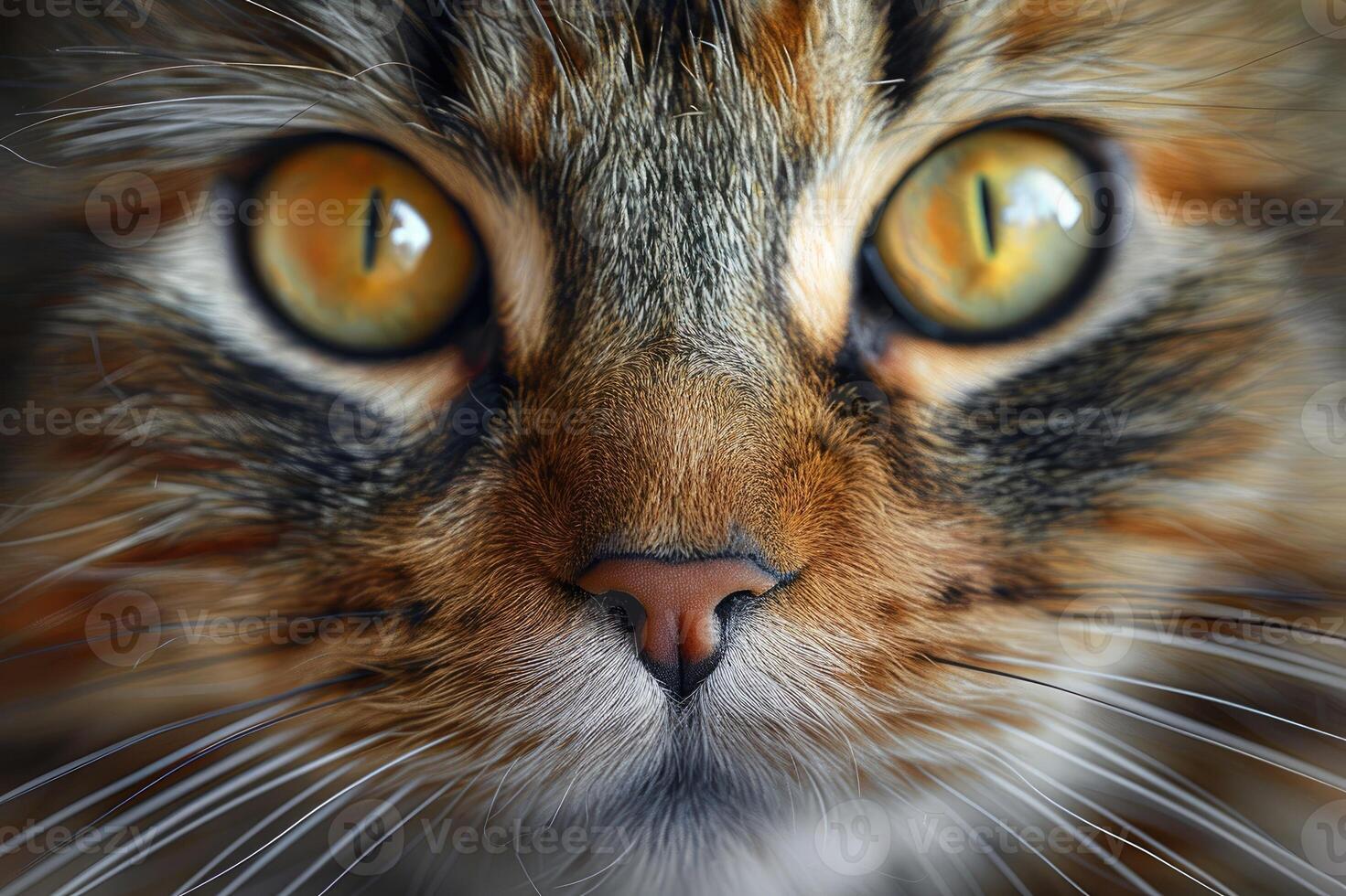 Close-up of cat with green eyes and detailed fur, expressing curiosity photo