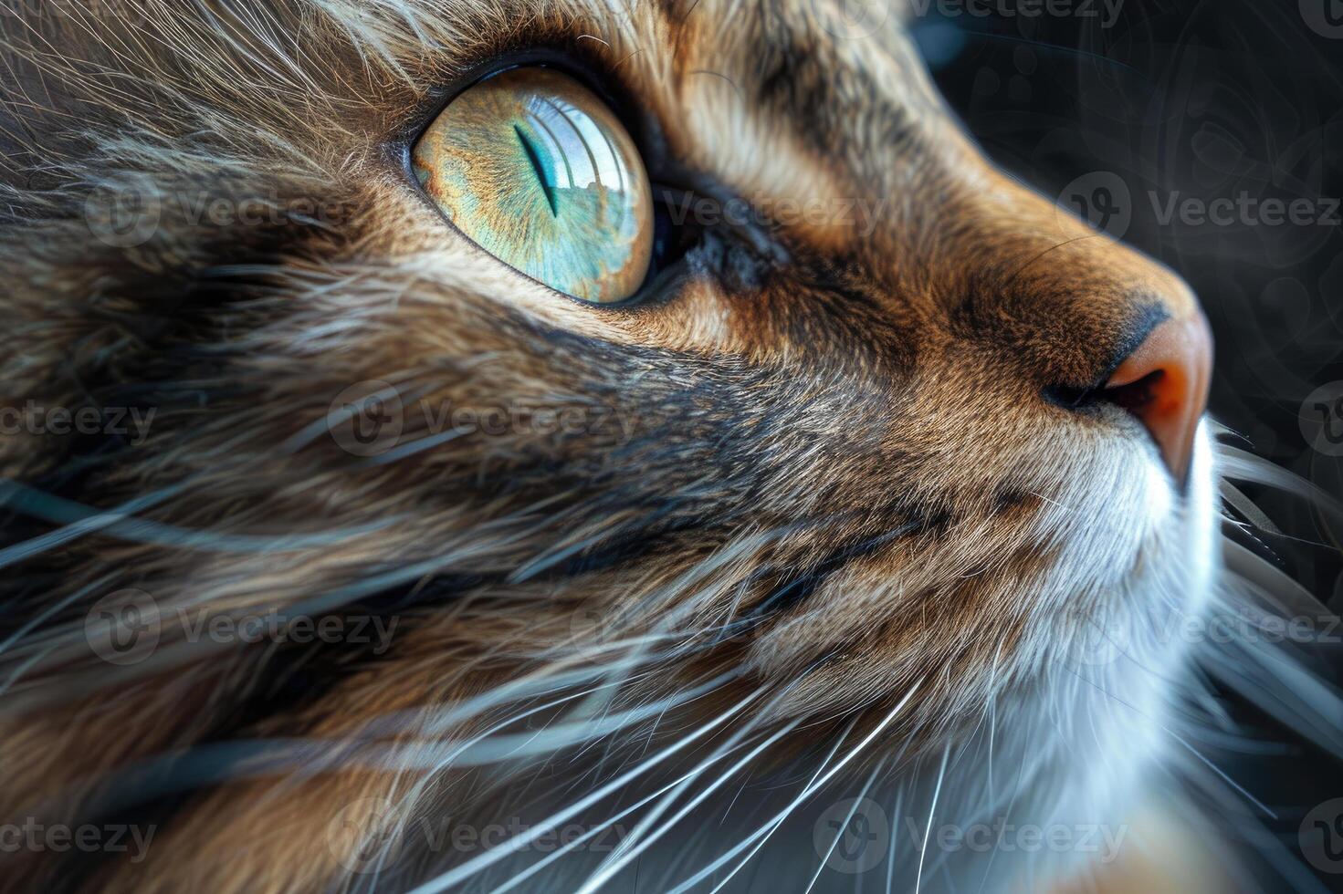 Close-up of a cat's face showcasing its vibrant green eye and whiskers. photo