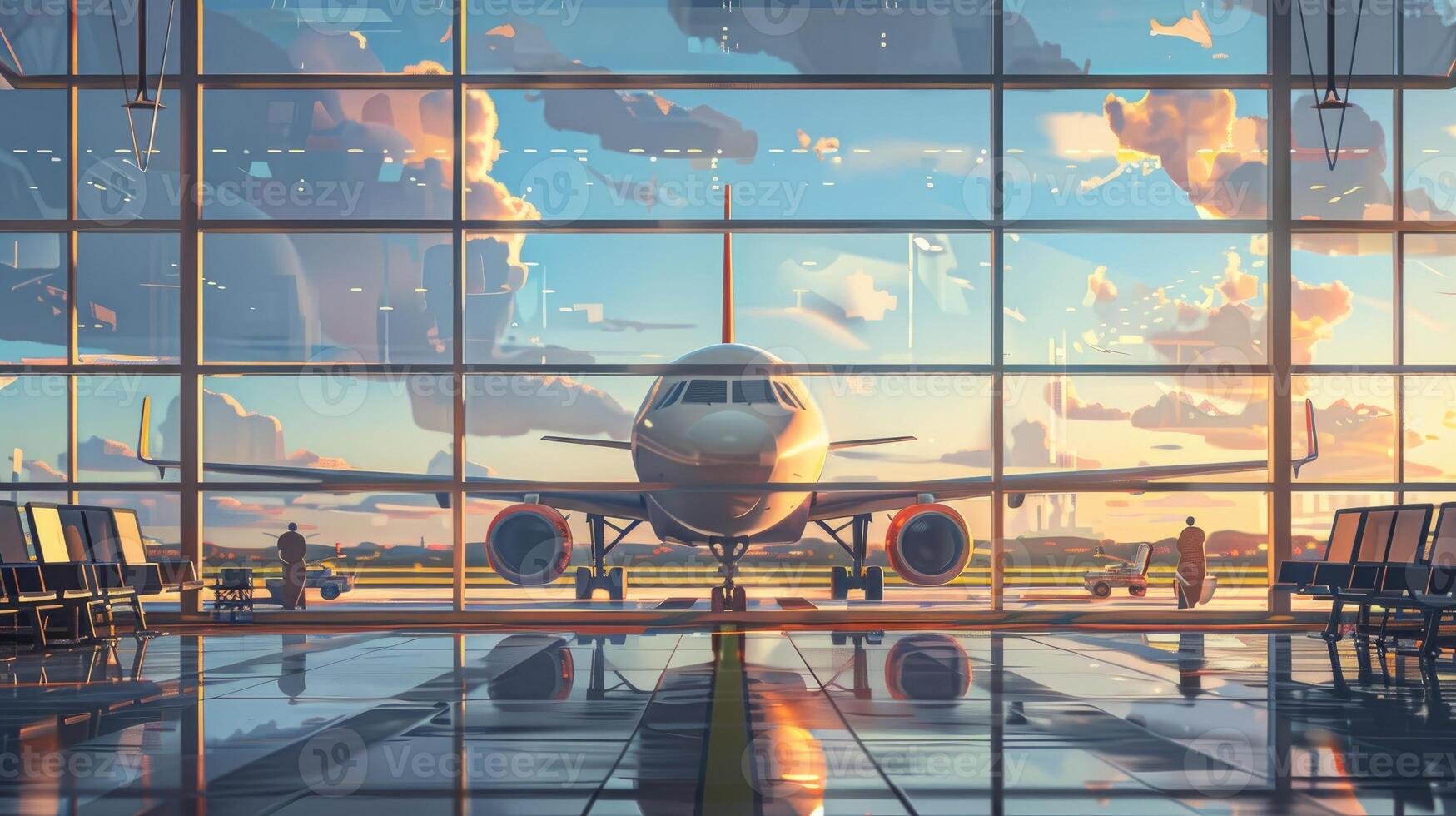 Airplane parked at the airport gate during sunset with reflections. photo
