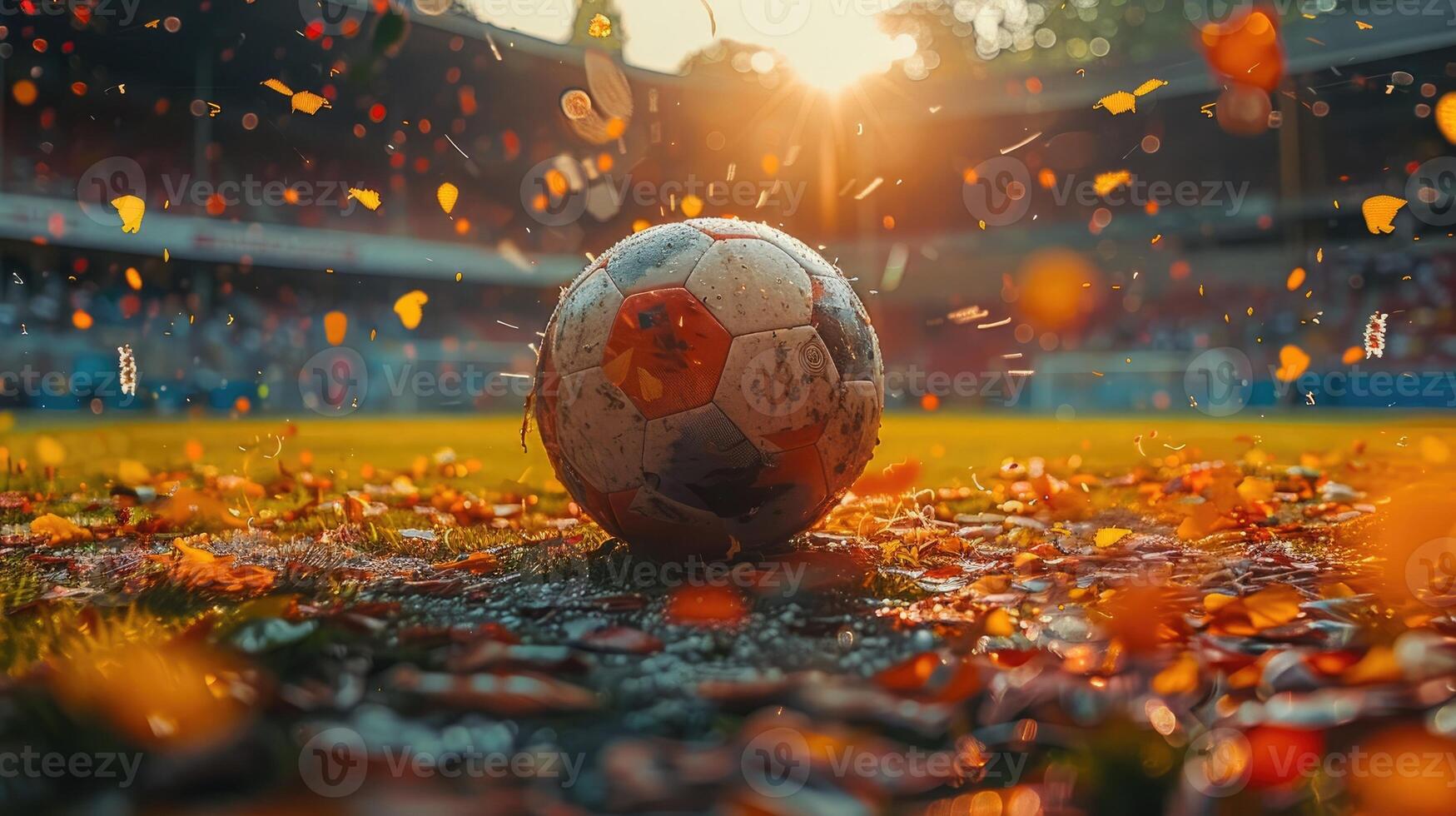 Football sport composition ball, stadium, players and euphoria of people in the stadium photo