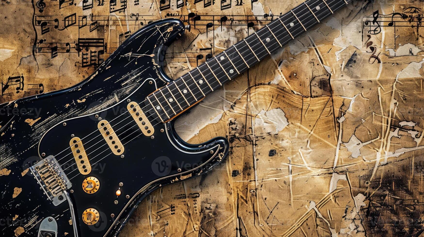 Vintage black electric guitar on musical notes, contrasting an artistic vibe. photo