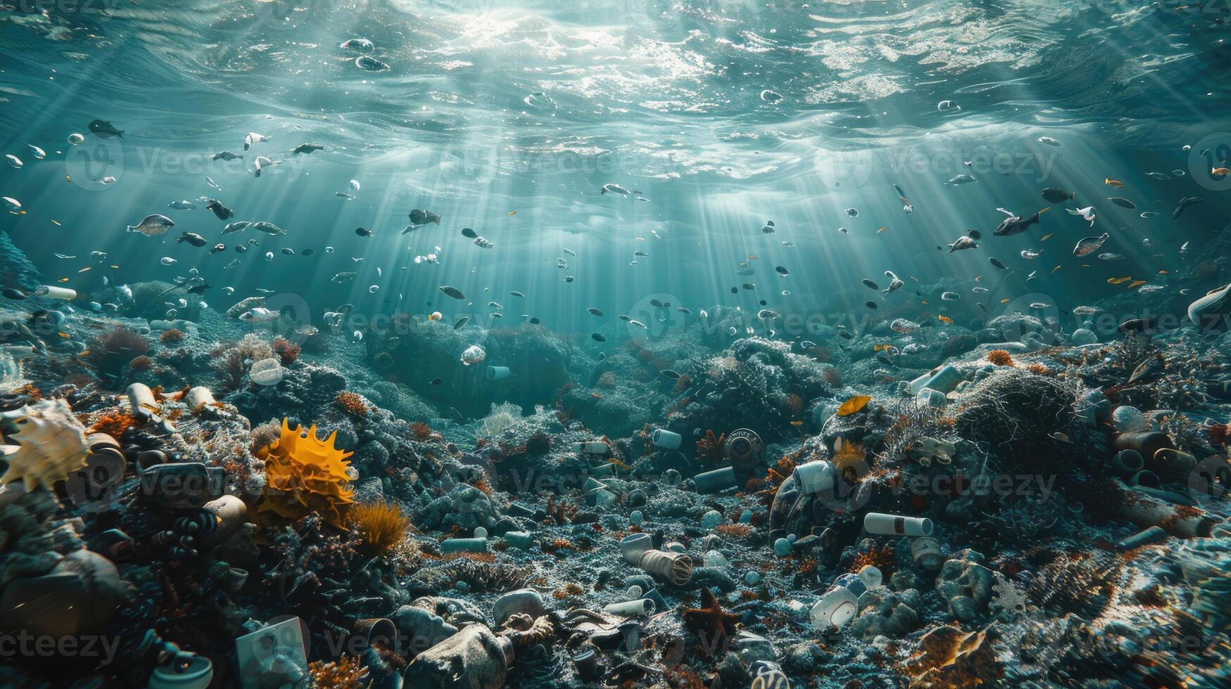 The sea is littered with garbage, a composition of a healthy environment photo