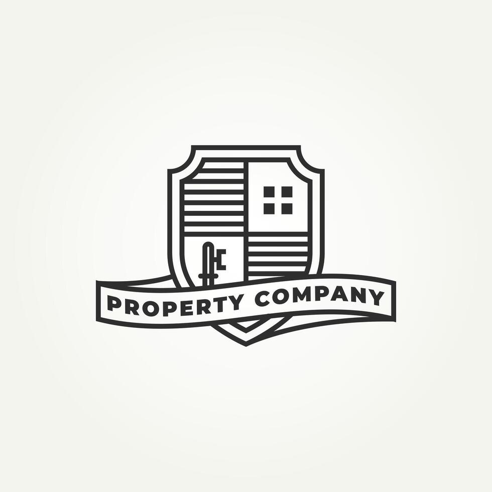 minimalist property company with key and window line art badge icon logo illustration design. simple modern real estate, apartment, property emblem logo concept vector