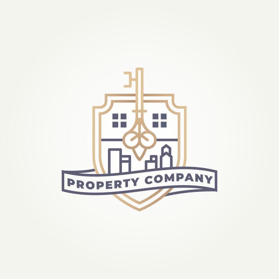 minimalist real estate with keys and city buildings line art badge icon logo illustration design. simple modern real estate, apartment, property emblem logo concept vector