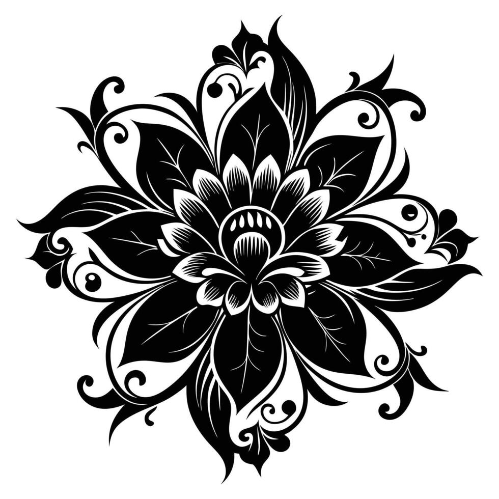A delicate black floral flower design illustration, with intricate details and elegant curves, isolated on a clean white background vector