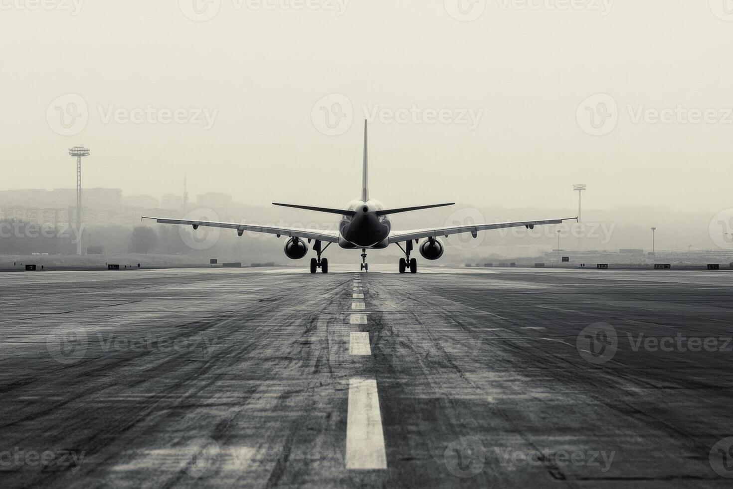 Passenger airplane taxiing on empty runway at airport photo