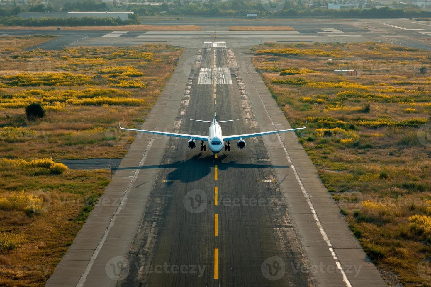 Big white passenger airplane taxiing on runway photo