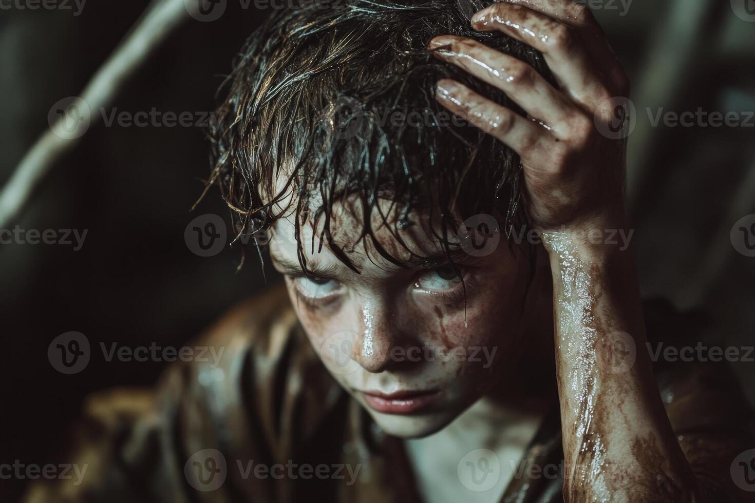 Young actor posing as dirty and wet apocalypse survivor photo