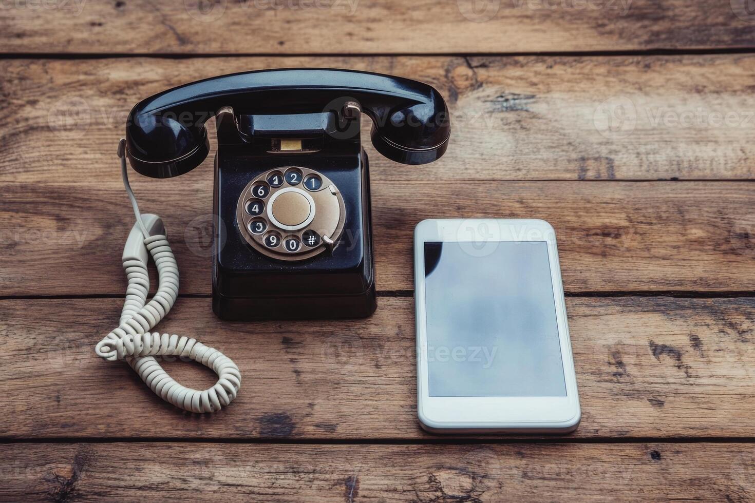 Old rotary phone and new smartphone showing technological evolution on desk photo