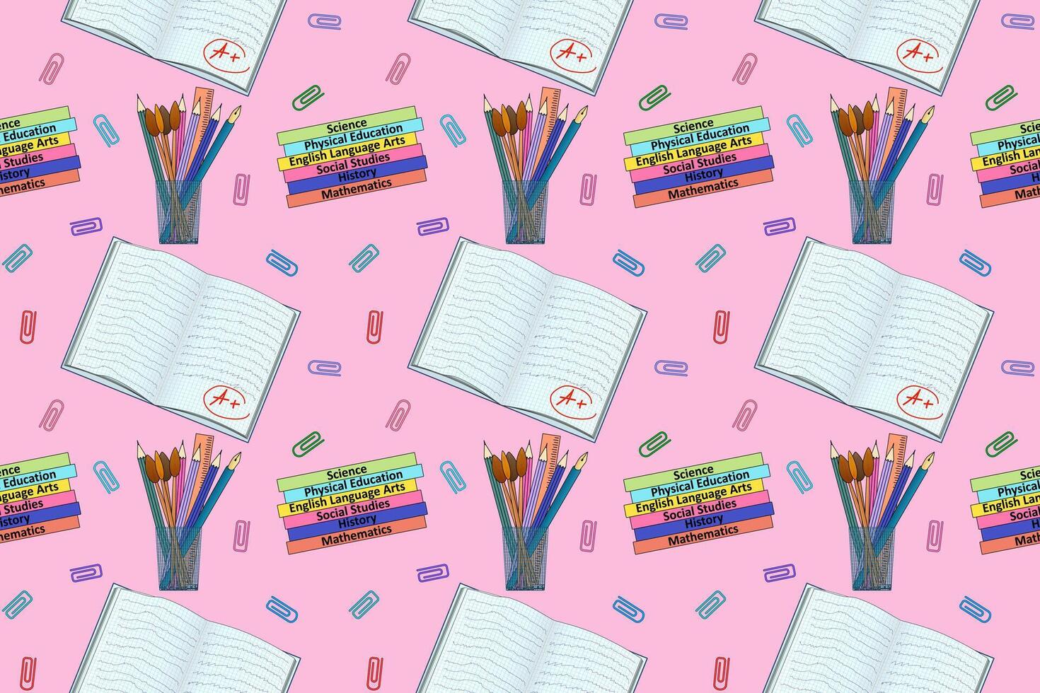 Colorful seamless pattern featuring school supplies, textbooks, and notebooks. Perfect for back-to-school themed designs. vector