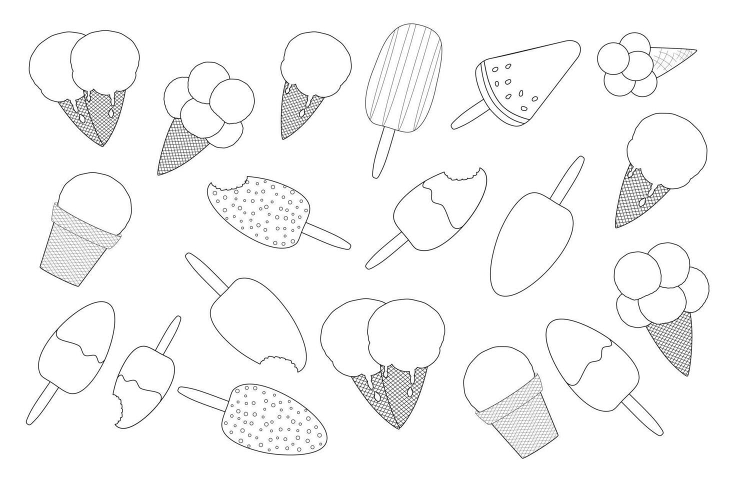 A fun and detailed ice cream coloring page set featuring various ice cream cones, and treats perfect for kids and adults. vector