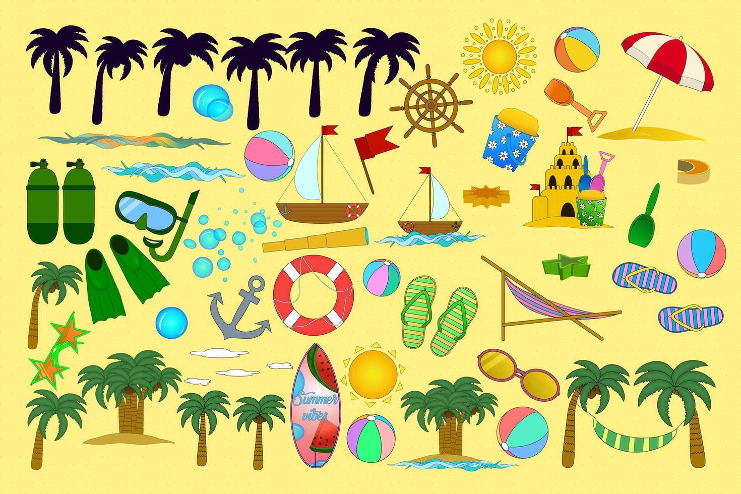 Colorful set of beach-themed elements including palm trees, sandcastles, and beach balls. Ideal for summer designs and projects. vector
