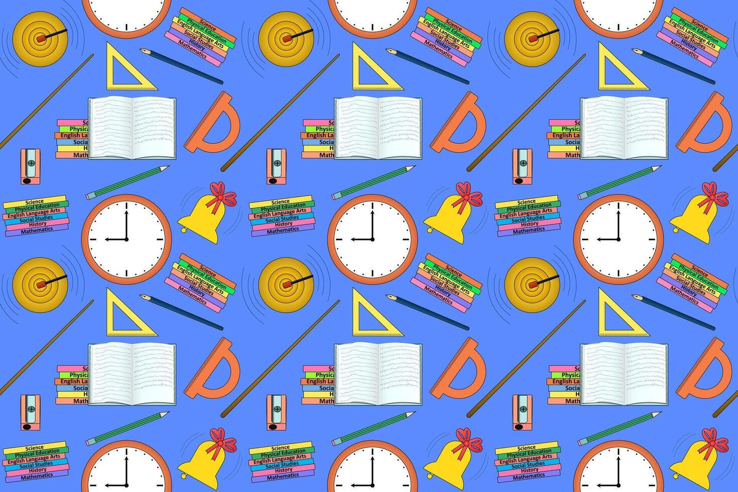 Colorful illustration of back-to-school items like books, clocks, stationery, and a bell. Ideal for educational and academic designs. vector