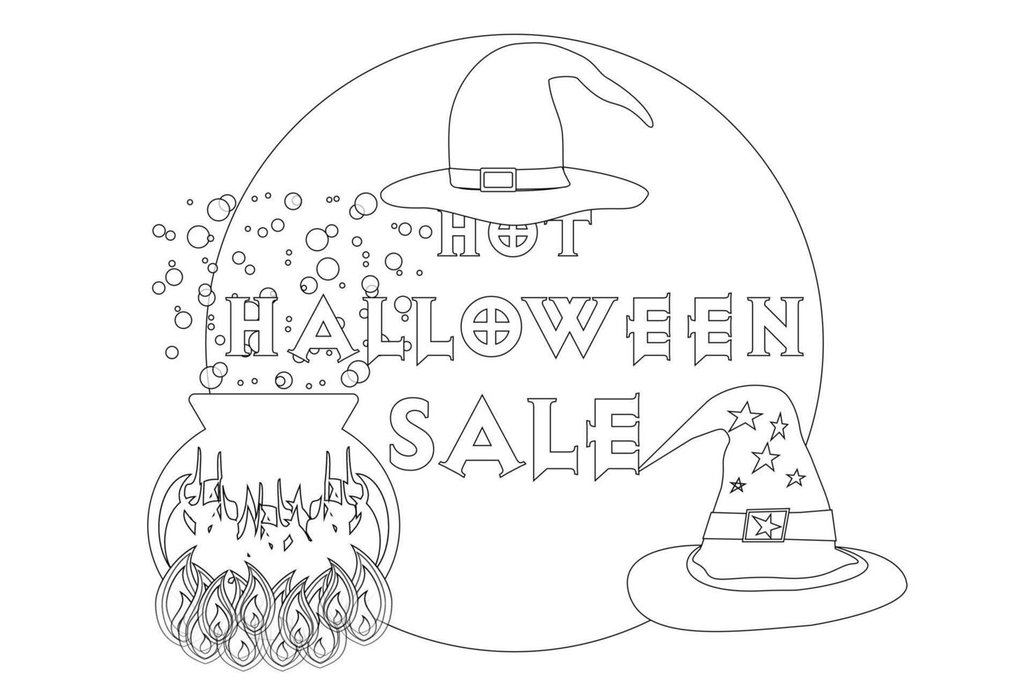 Explore a Halloween-themed coloring page featuring witch hats and a bubbling cauldron. Perfect for holiday fun and creativity. vector