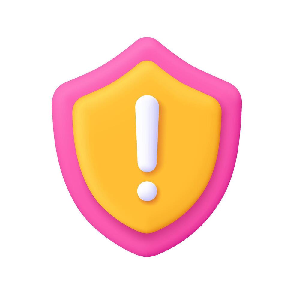 Security shield with exclamation point. Cyber safety, security and protection, warning attention and risk concept. 3d icon. Cartoon minimal style. vector