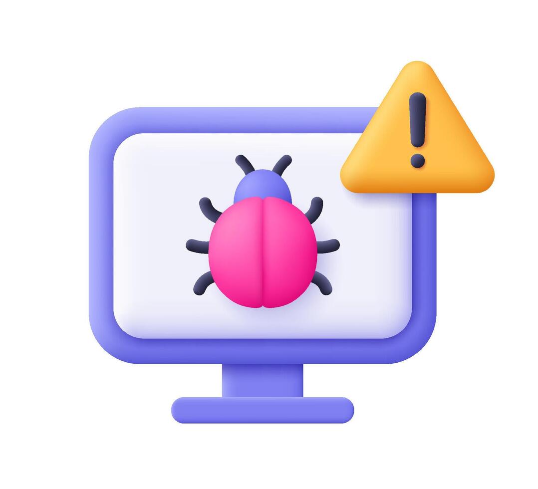 Computer with bug with warning symbol, triangle with exclamation point. Computer virus, malware, bug alert, cyber security concept. 3d icon. Cartoon minimal style. vector