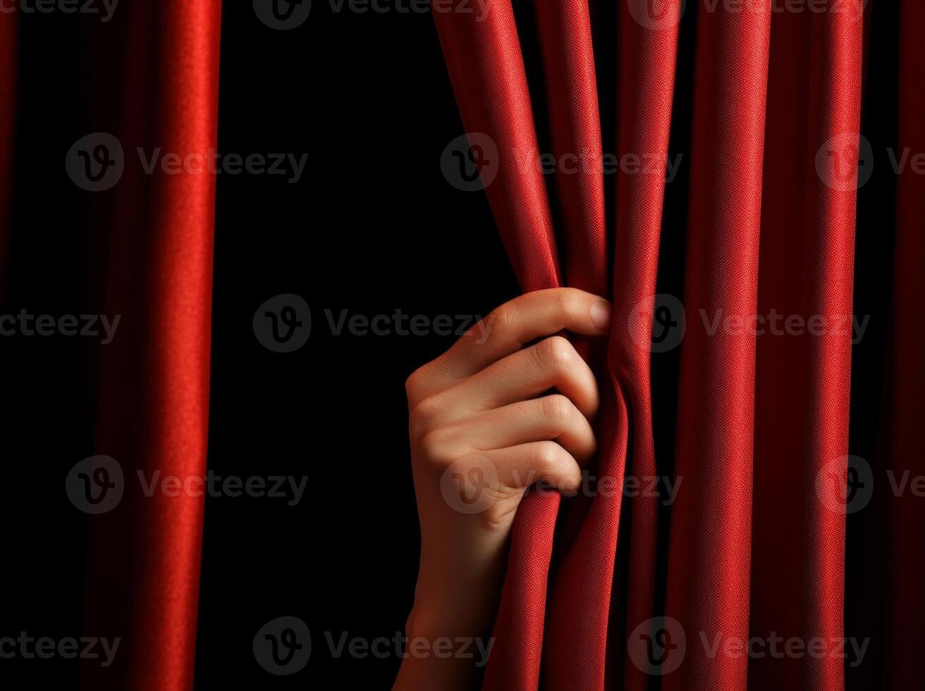 Hand opening red stage curtain revealing backstage photo