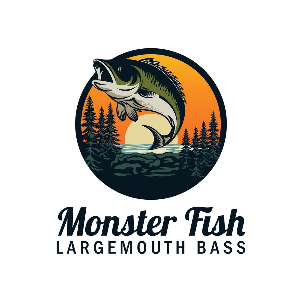 Largemouth bass jumping in wilderness lake at sunset logo vector